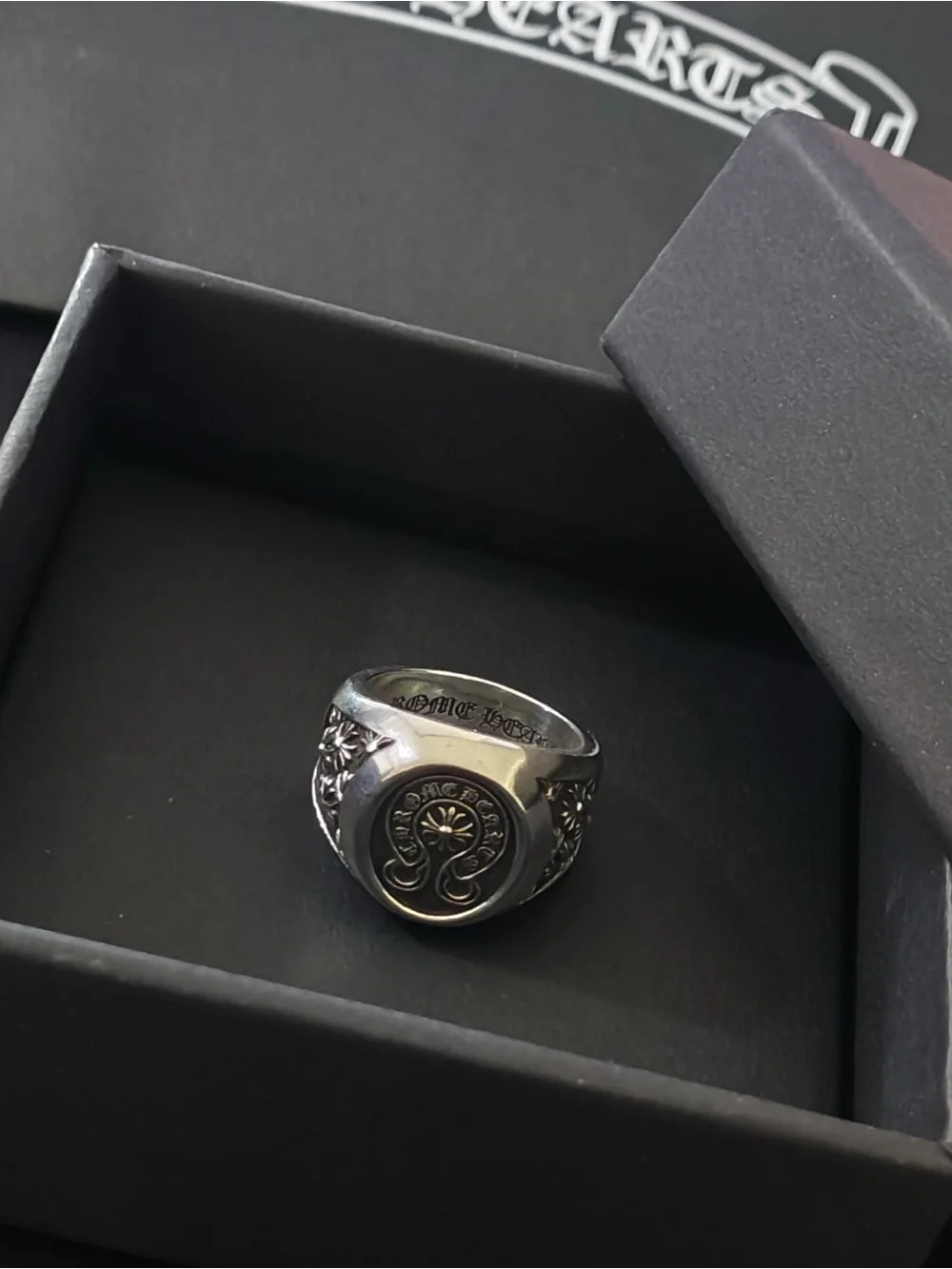 Chrome Hearts Silver Signet Ring with Floral Crest